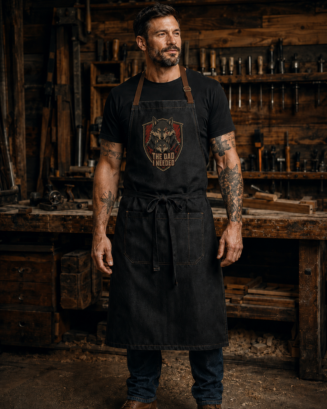 Sacred Divine & Co. Wolf Pack Shield Bib Apron — The Dad I Needed Dark Luxury Grill Apron