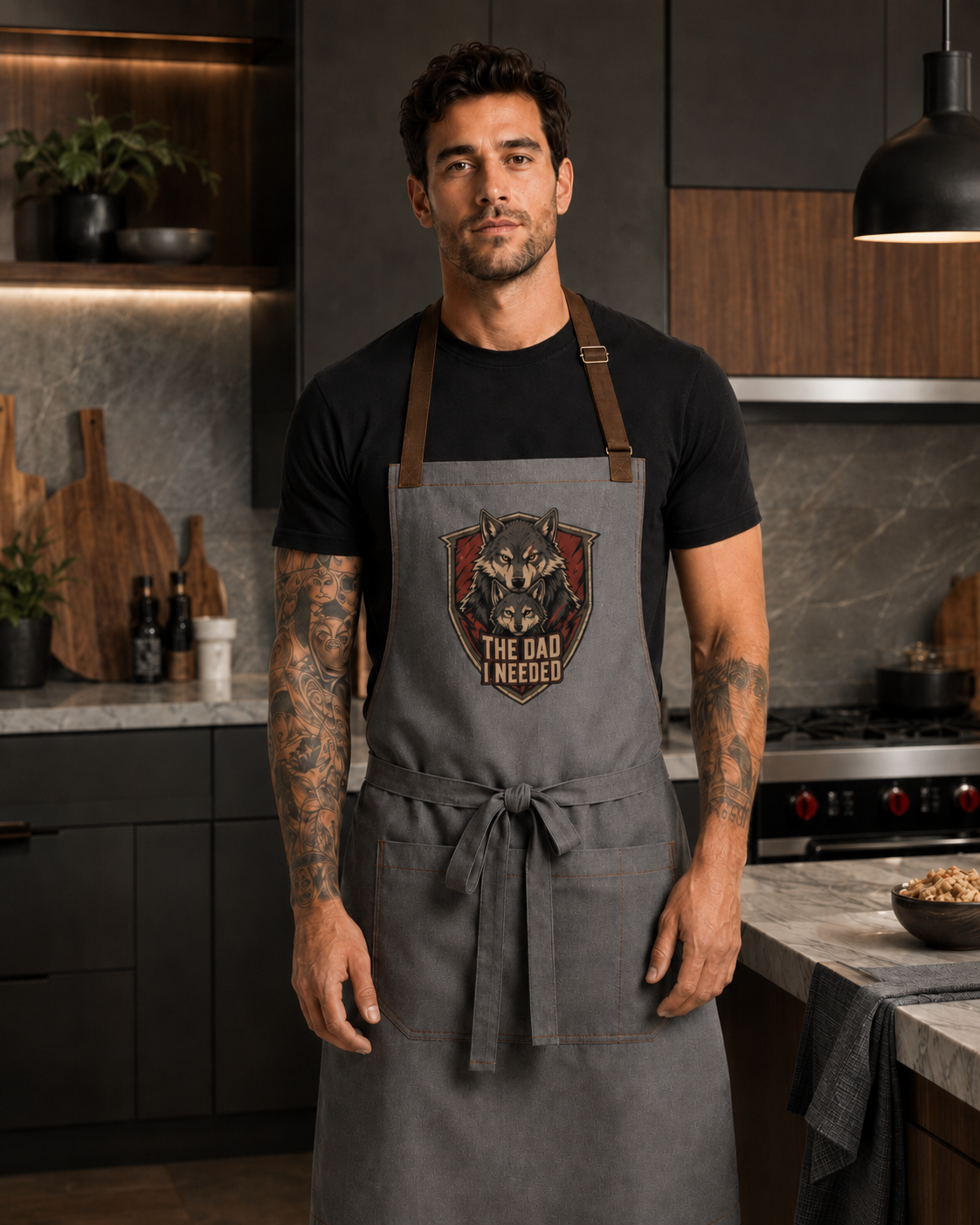 Sacred Divine & Co. Wolf Pack Shield Bib Apron — The Dad I Needed Dark Luxury Grill Apron