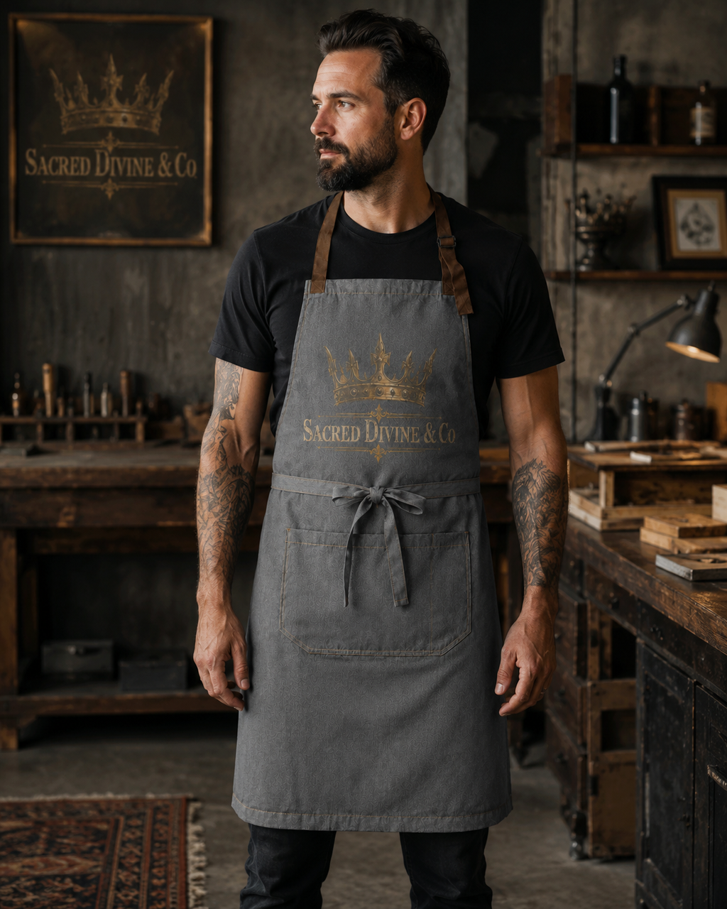 Sacred Divine & Co. Gold Crown Logo Bib Apron — Dark Luxury Kitchen & Grill Apron