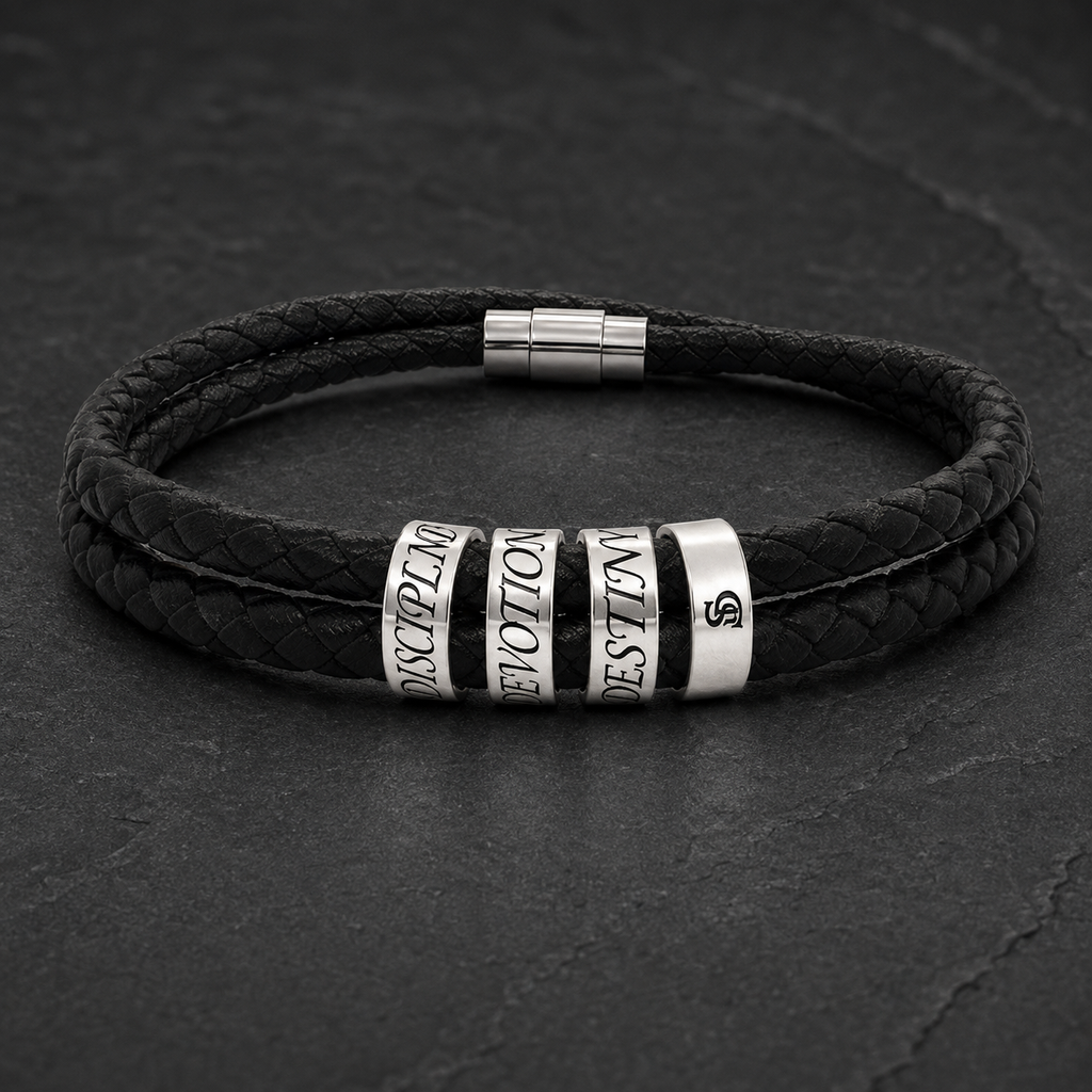 Discipline Devotion Destiny Engraved Leather Bracelet
