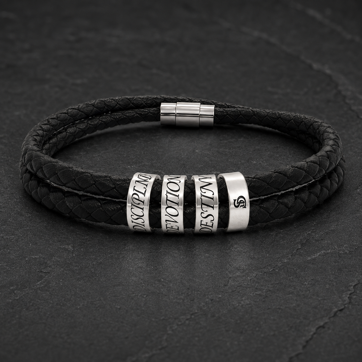 Discipline Devotion Destiny Engraved Leather Bracelet