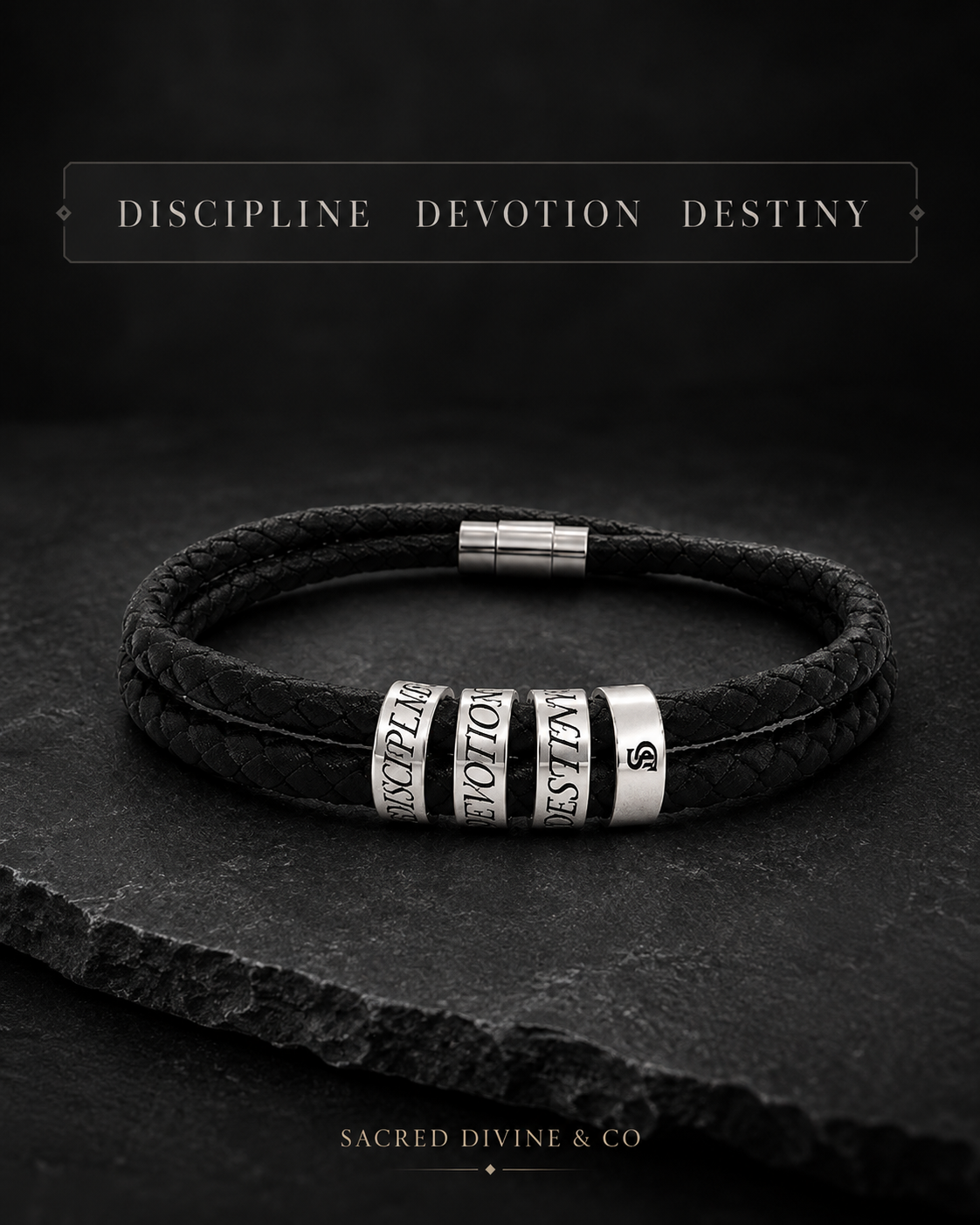 Discipline Devotion Destiny Engraved Leather Bracelet