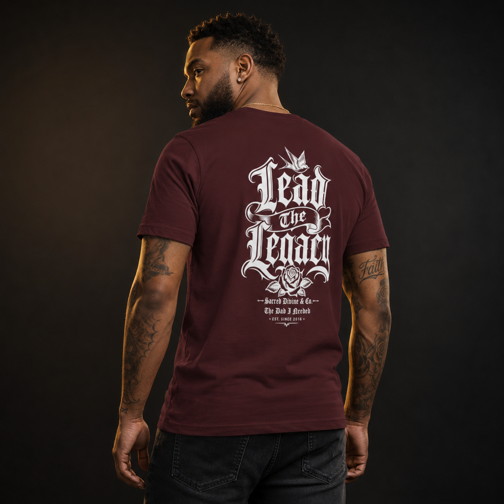 Lead the Legacy Graphic Tee maroon back lifestyle — model wearing tee with Lead The Legacy gothic script swallow rose Sacred Divine & Co. The Dad I Needed Est. 2016 full back graphic