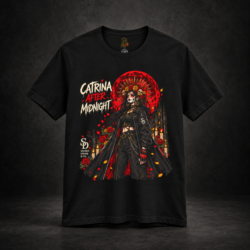 Catrina After Midnight Tee styled product image with Catrina sugar-skull artwork, crimson roses, and red sun