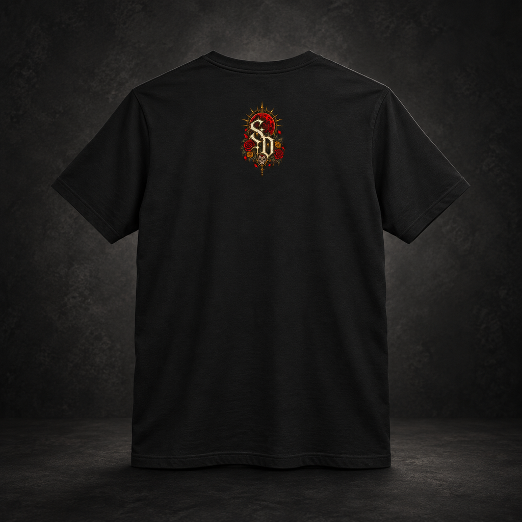 Catrina After Midnight Tee styled product image with Catrina sugar-skull artwork, crimson roses, and red sun