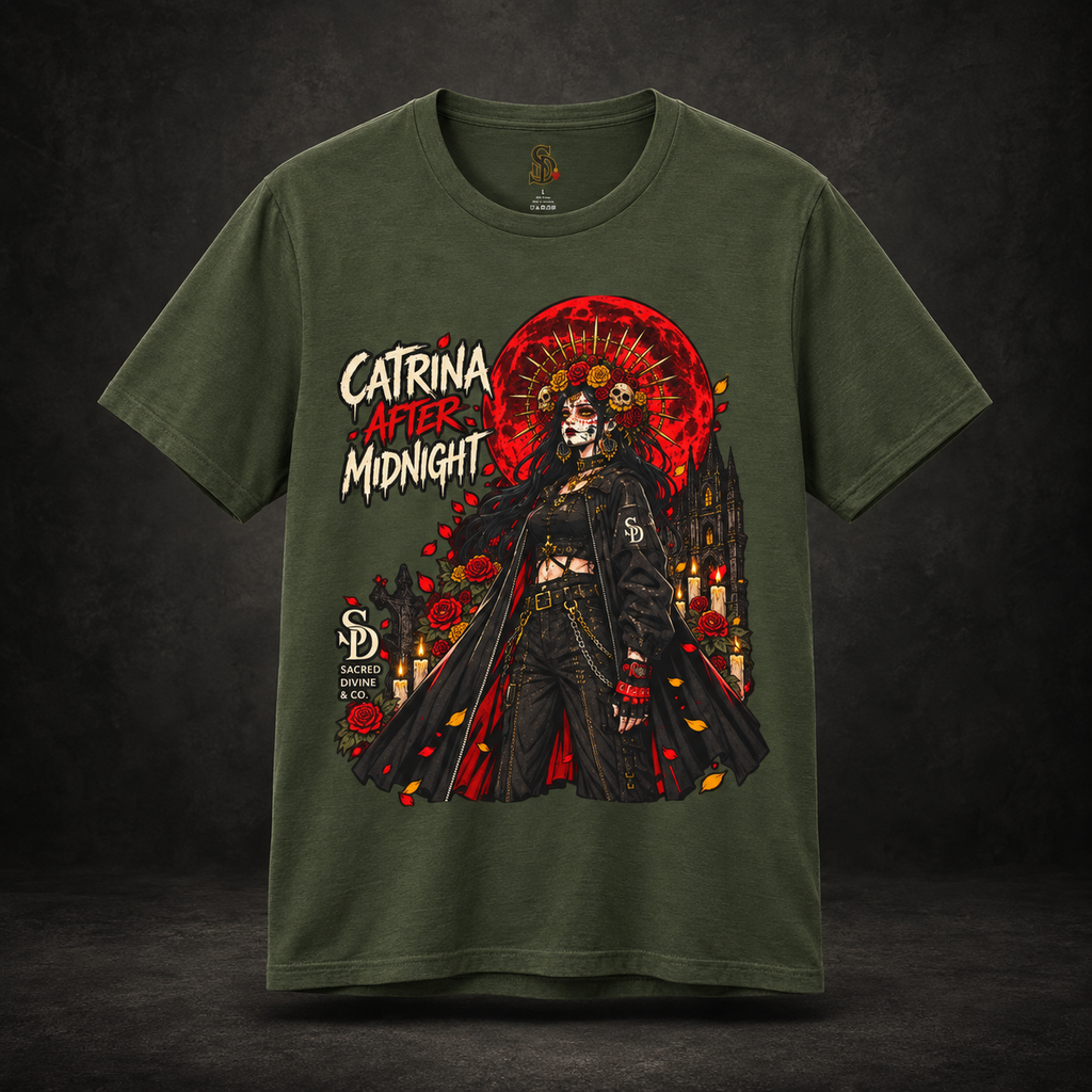 Catrina After Midnight Tee styled product image with Catrina sugar-skull artwork, crimson roses, and red sun