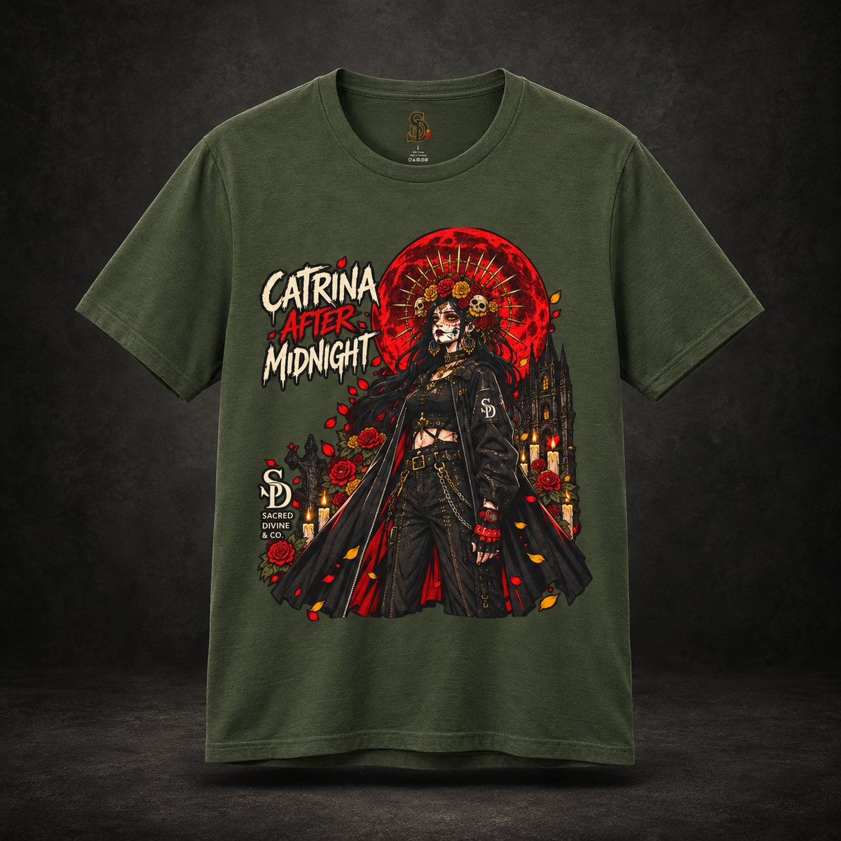 Catrina After Midnight Tee styled product image with Catrina sugar-skull artwork, crimson roses, and red sun