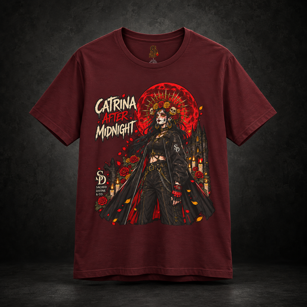 Catrina After Midnight Tee styled product image with Catrina sugar-skull artwork, crimson roses, and red sun