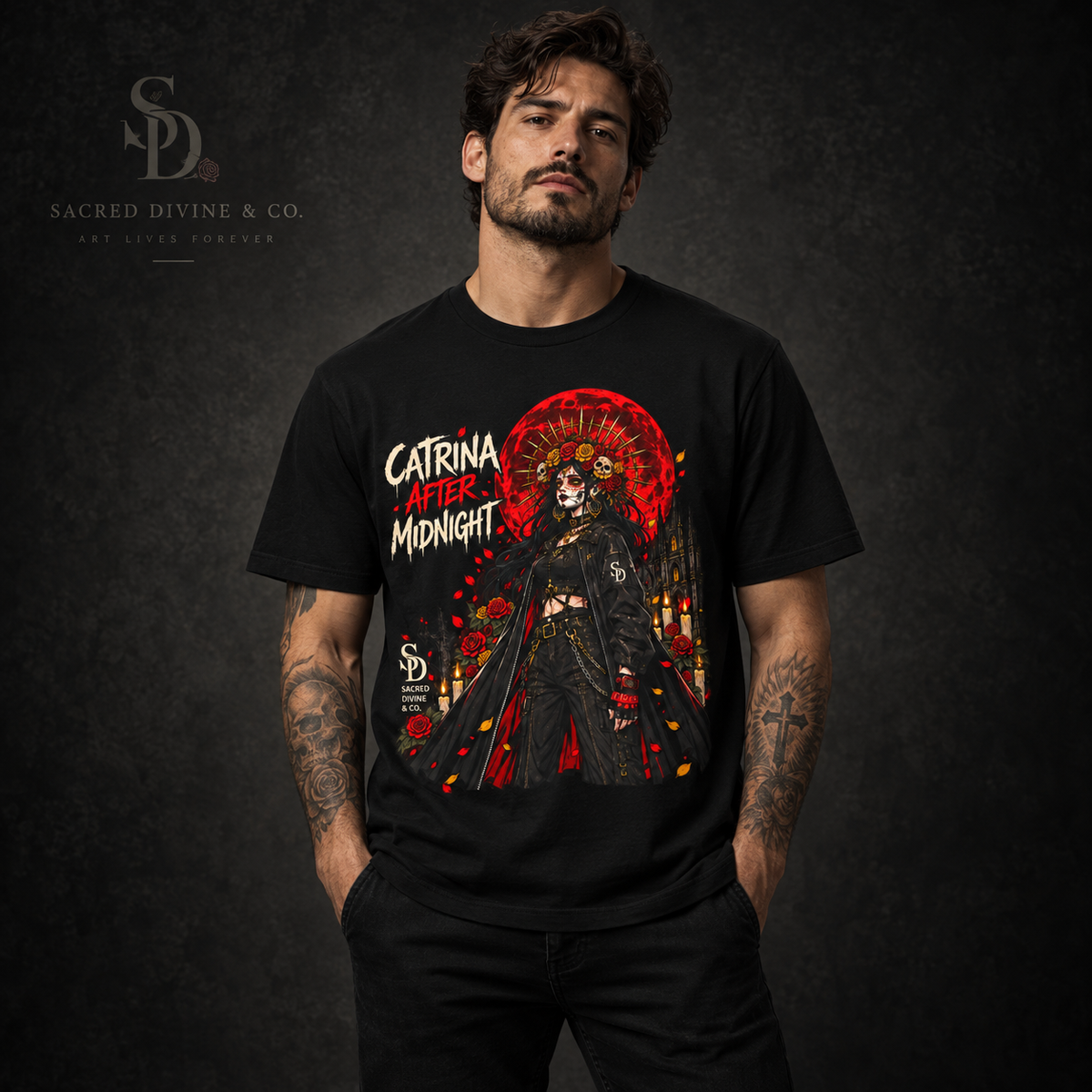 Catrina After Midnight Tee styled product image with Catrina sugar-skull artwork, crimson roses, and red sun