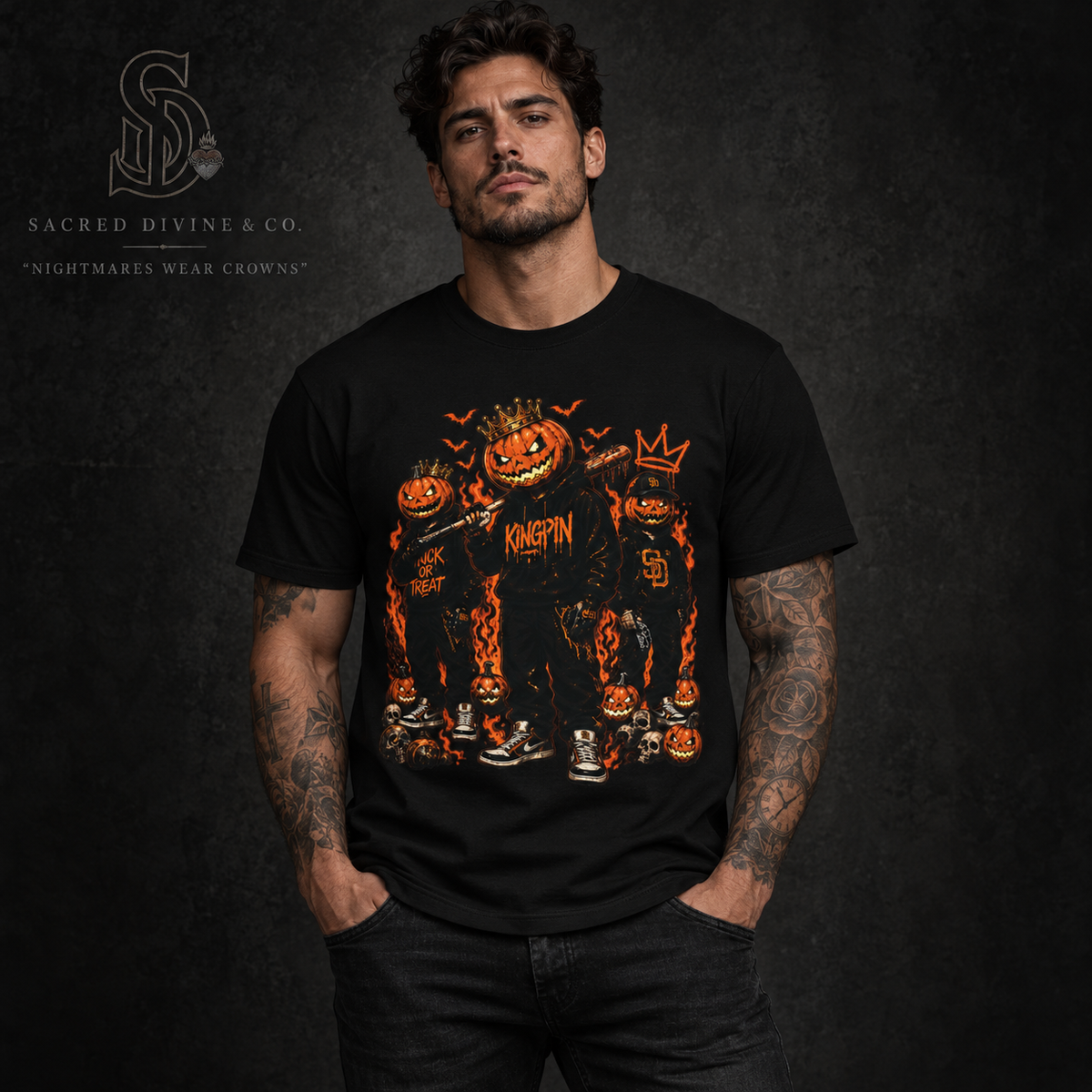 Pumpkin Kingpin Crew Tee styled product image featuring crowned jack-o'-lantern kingpin and crew artwork