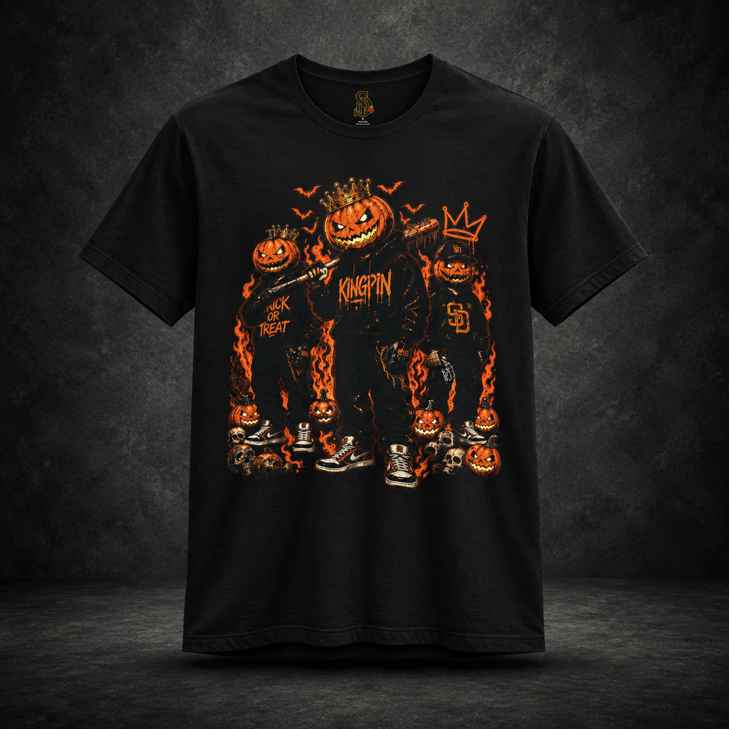 Pumpkin Kingpin Crew Tee styled product image featuring crowned jack-o'-lantern kingpin and crew artwork