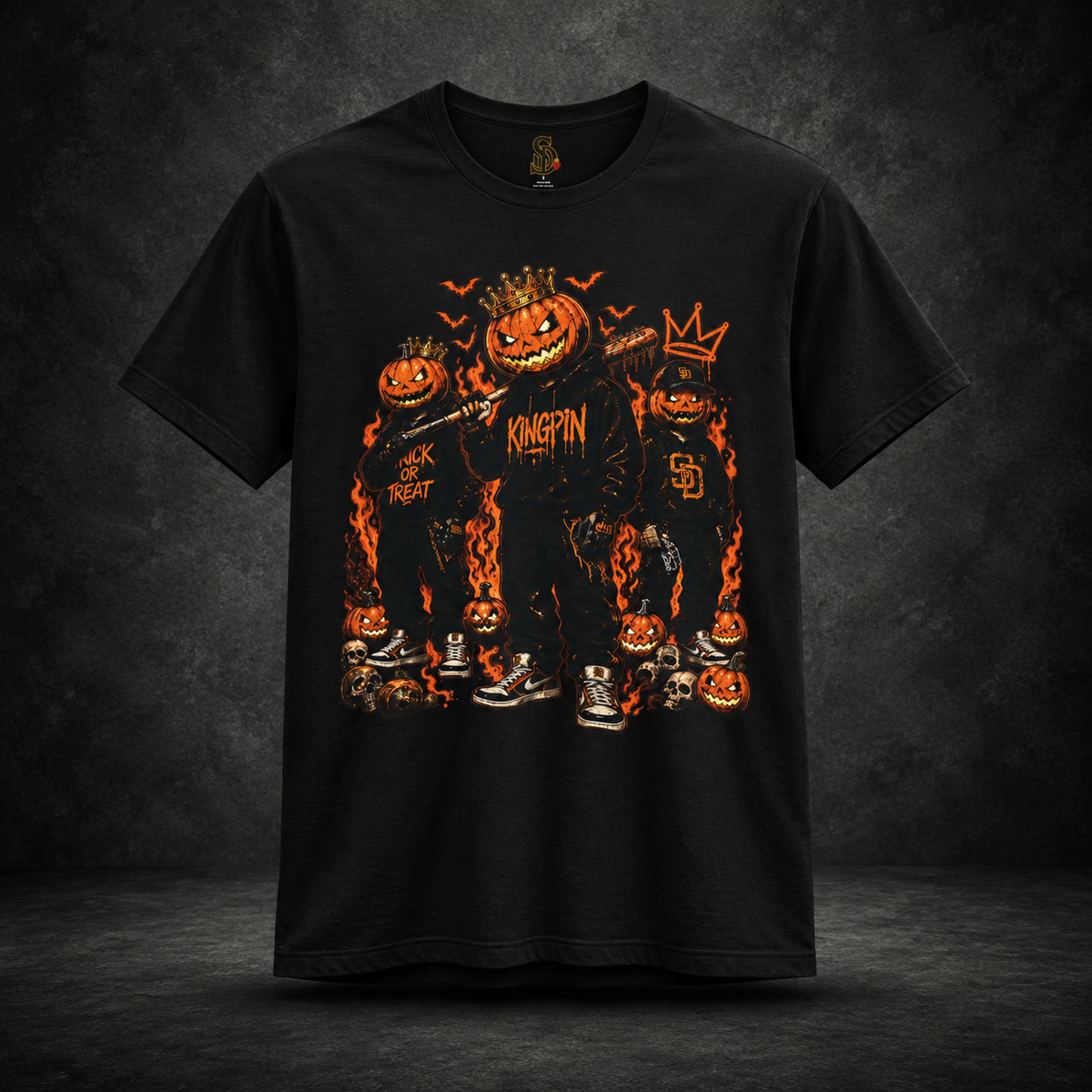 Pumpkin Kingpin Crew Tee styled product image featuring crowned jack-o'-lantern kingpin and crew artwork