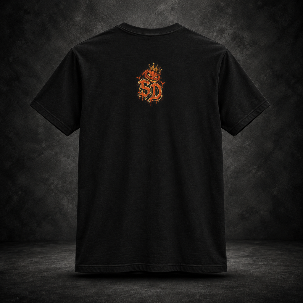 Pumpkin Kingpin Crew Tee styled product image featuring crowned jack-o'-lantern kingpin and crew artwork