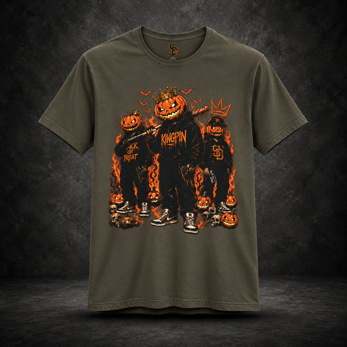 Pumpkin Kingpin Crew Tee styled product image featuring crowned jack-o'-lantern kingpin and crew artwork