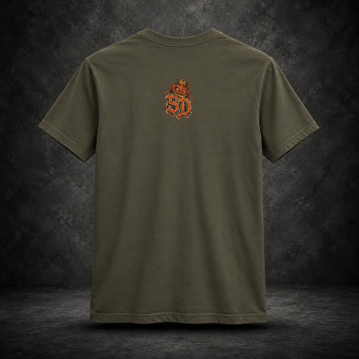 Pumpkin Kingpin Crew Tee styled product image featuring crowned jack-o'-lantern kingpin and crew artwork