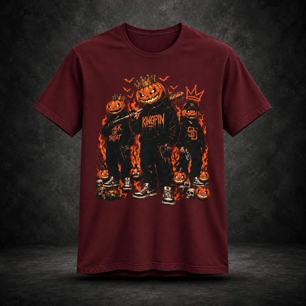 Pumpkin Kingpin Crew Tee styled product image featuring crowned jack-o'-lantern kingpin and crew artwork
