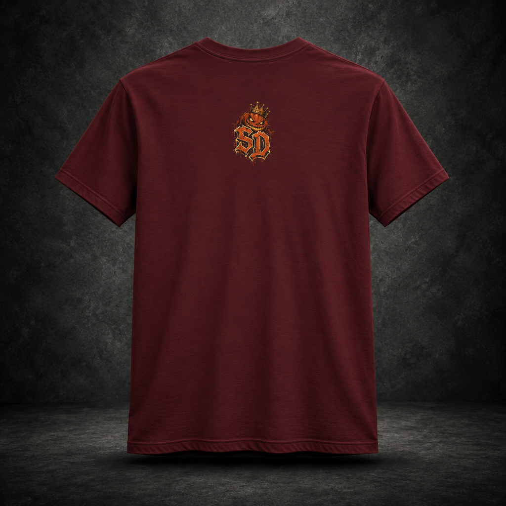 Pumpkin Kingpin Crew Tee styled product image featuring crowned jack-o'-lantern kingpin and crew artwork