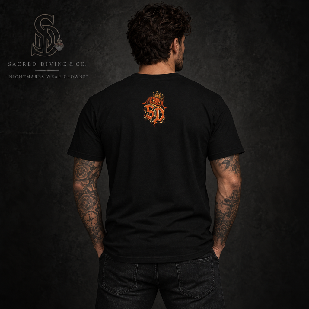 Pumpkin Kingpin Crew Tee styled product image featuring crowned jack-o'-lantern kingpin and crew artwork