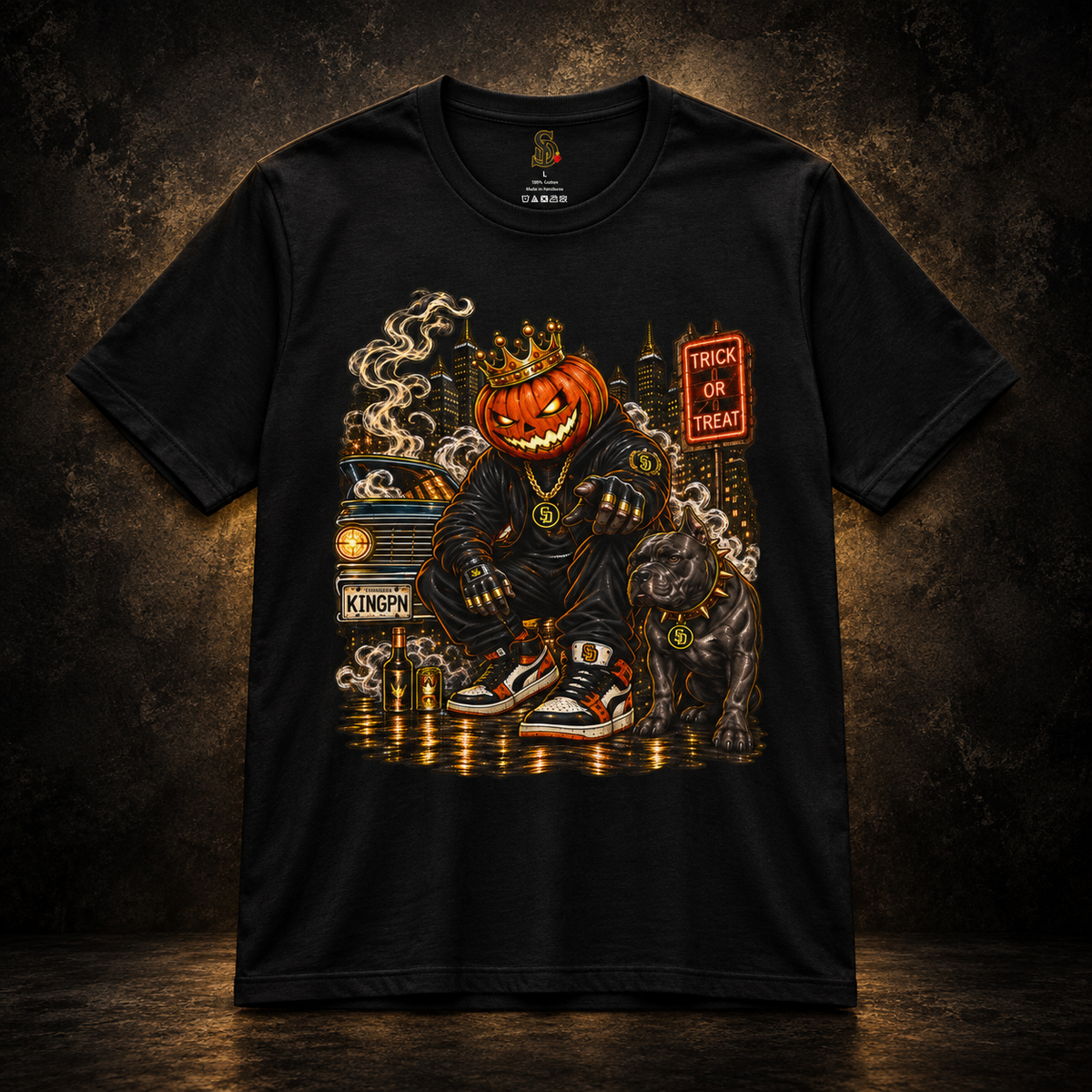 Pumpkin King Streetwear Tee styled product image featuring crowned pumpkin king Halloween artwork