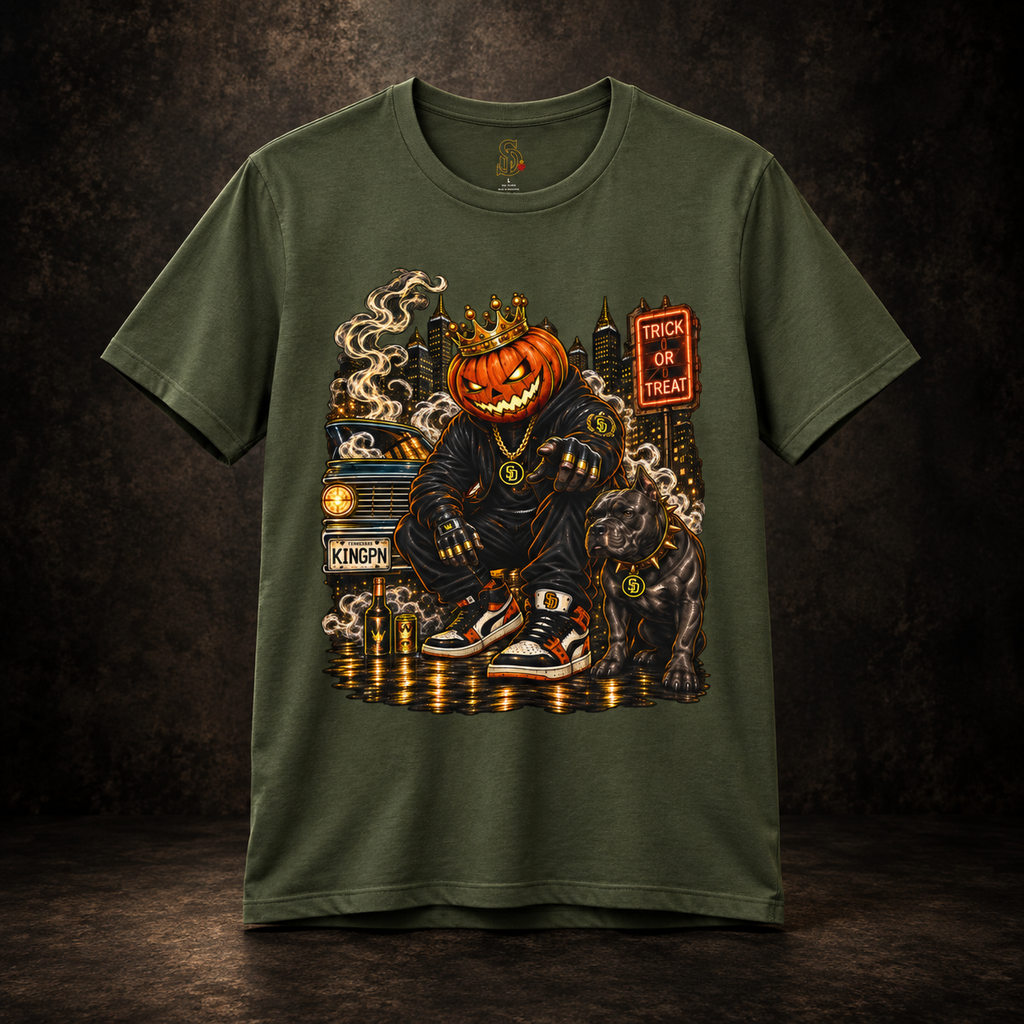 Pumpkin King Streetwear Tee styled product image featuring crowned pumpkin king Halloween artwork