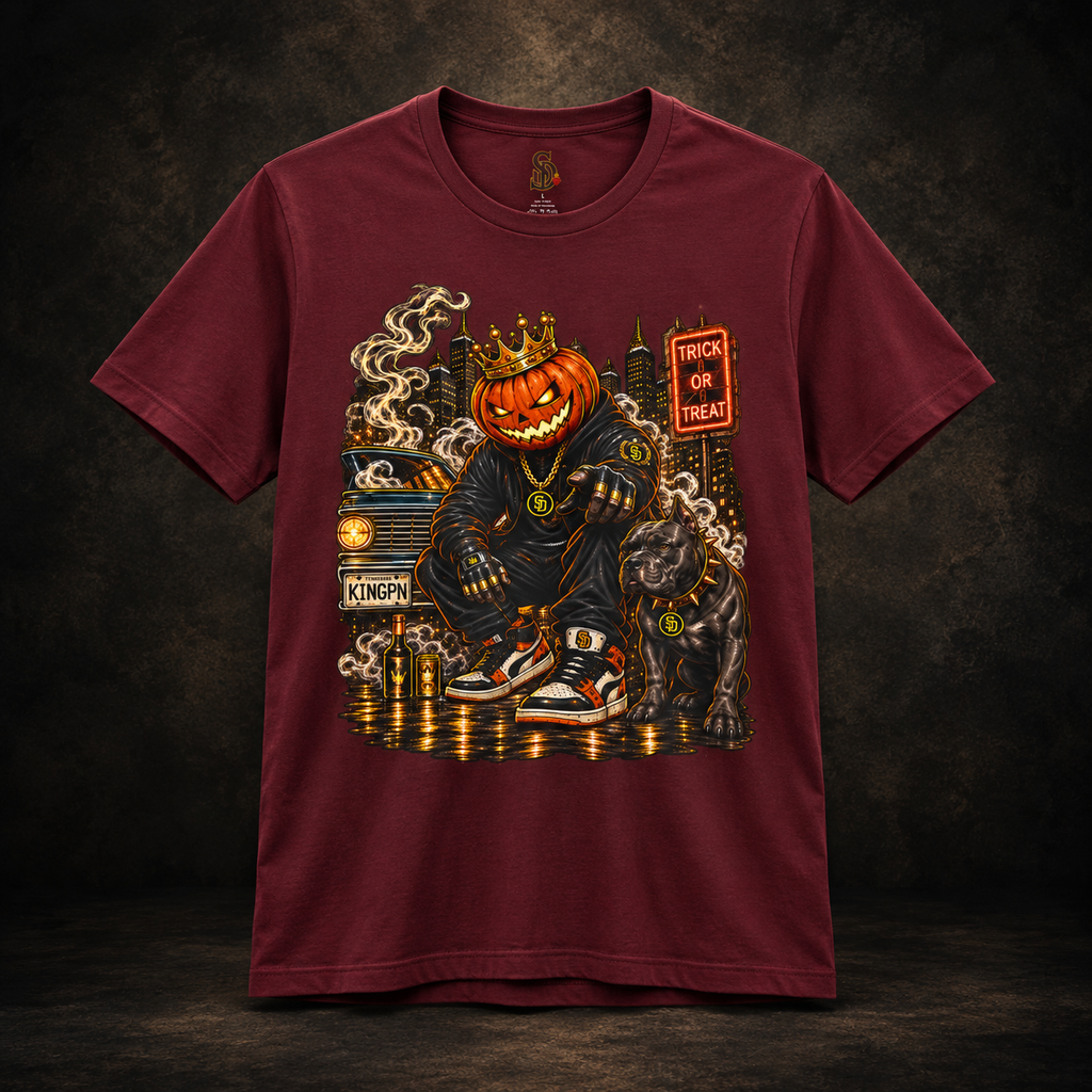 Pumpkin King Streetwear Tee styled product image featuring crowned pumpkin king Halloween artwork