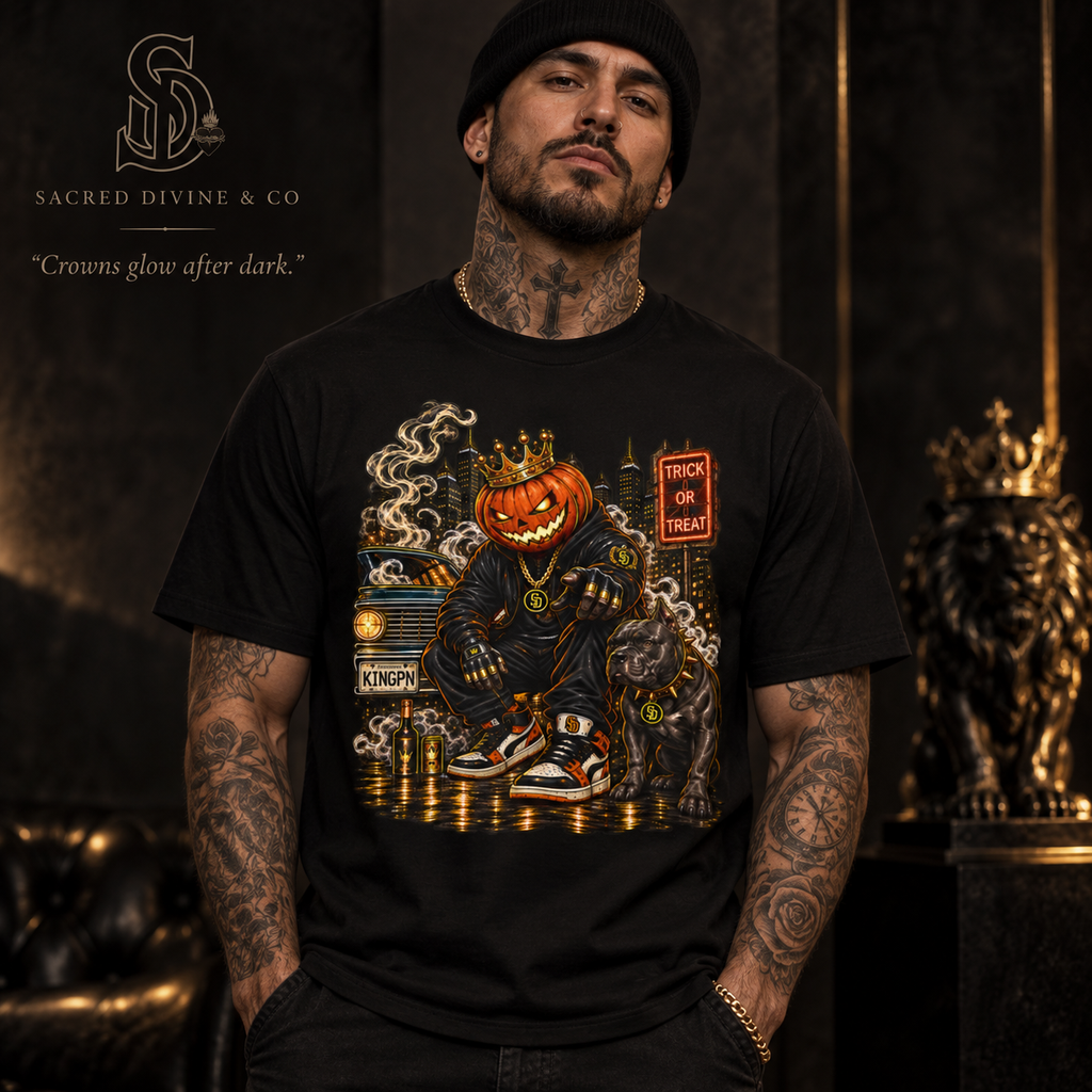 Pumpkin King Streetwear Tee styled product image featuring crowned pumpkin king Halloween artwork