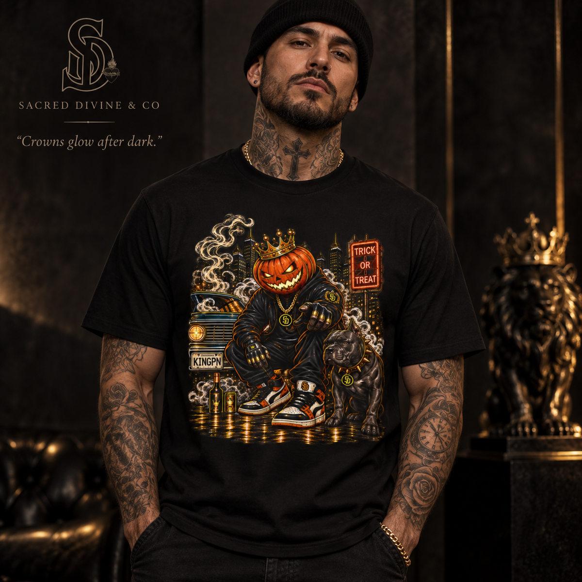 Pumpkin King Streetwear Tee styled product image featuring crowned pumpkin king Halloween artwork