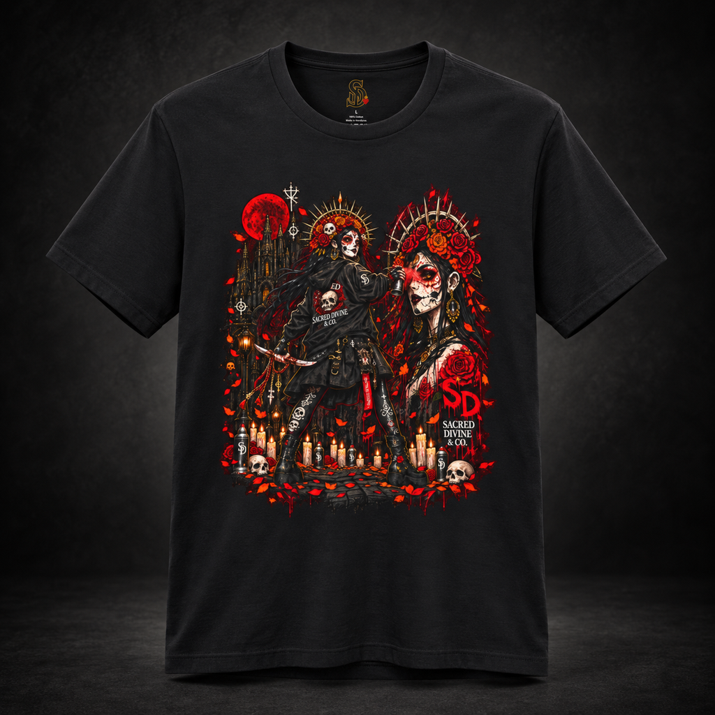 Day of the Dead Gothic Tee styled product image with skeletal figures, candlelight, and red accents