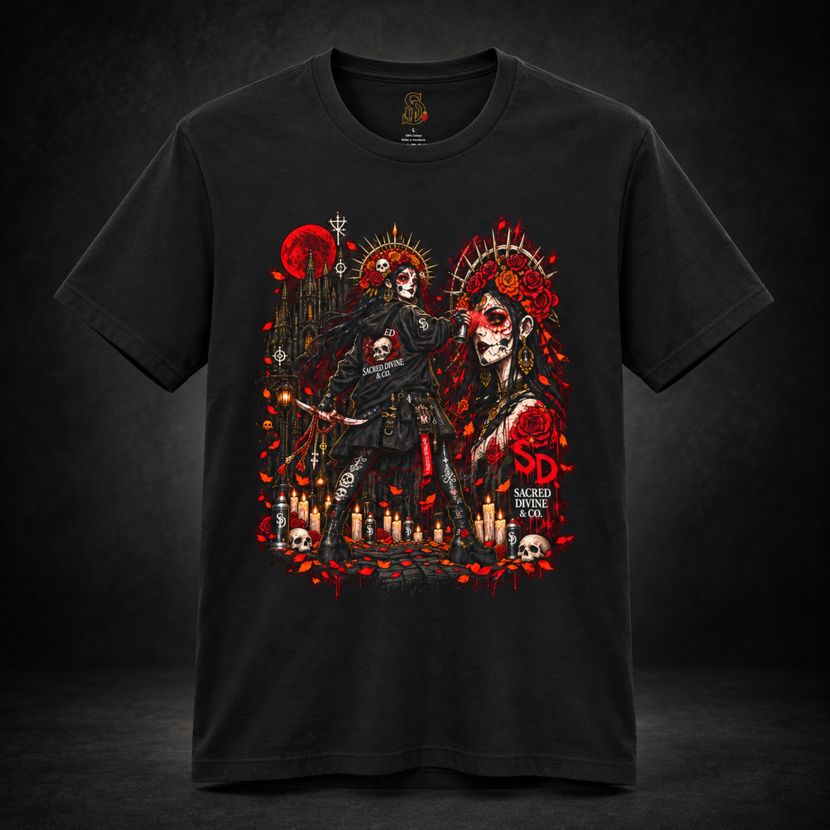 Day of the Dead Gothic Tee styled product image with skeletal figures, candlelight, and red accents