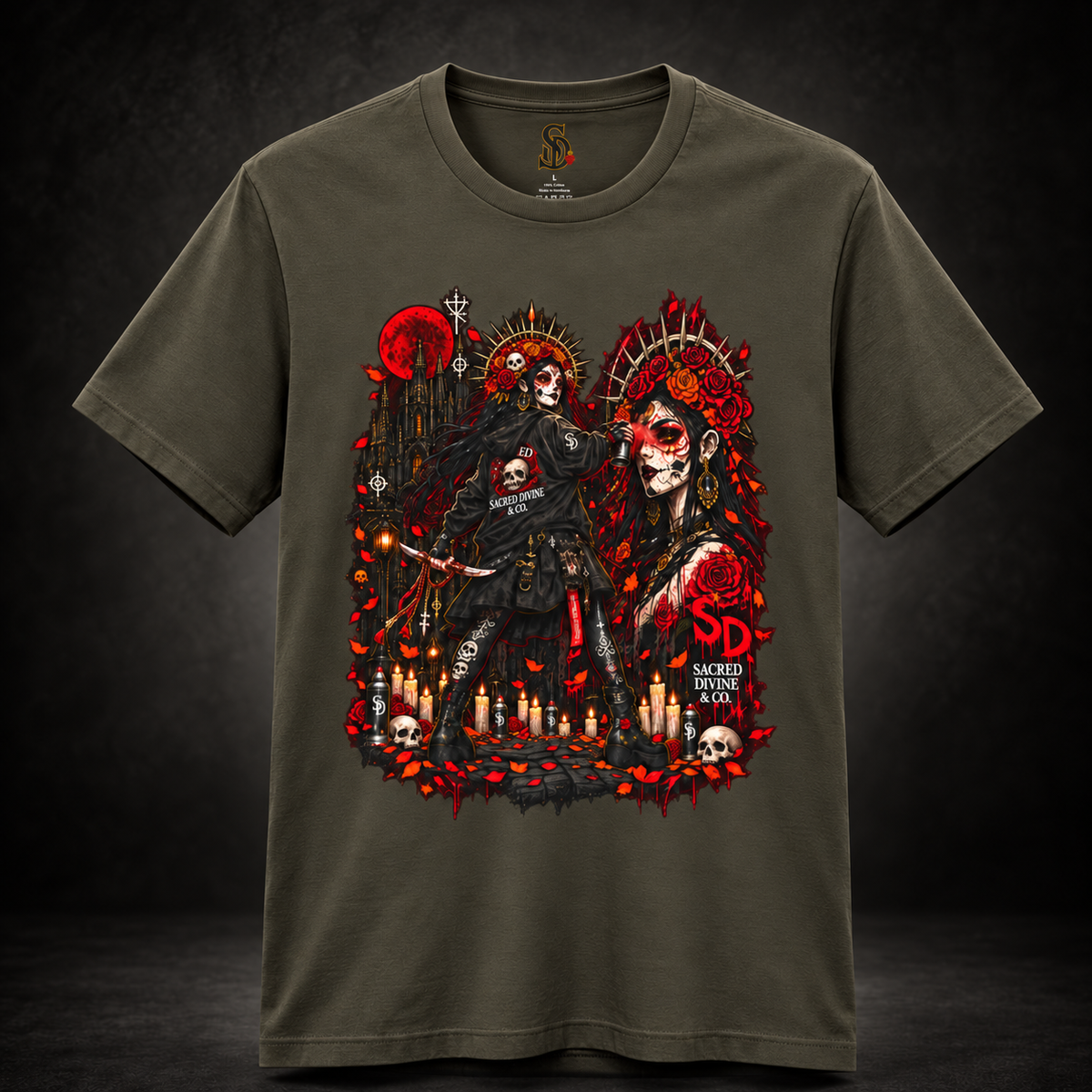 Day of the Dead Gothic Tee styled product image with skeletal figures, candlelight, and red accents
