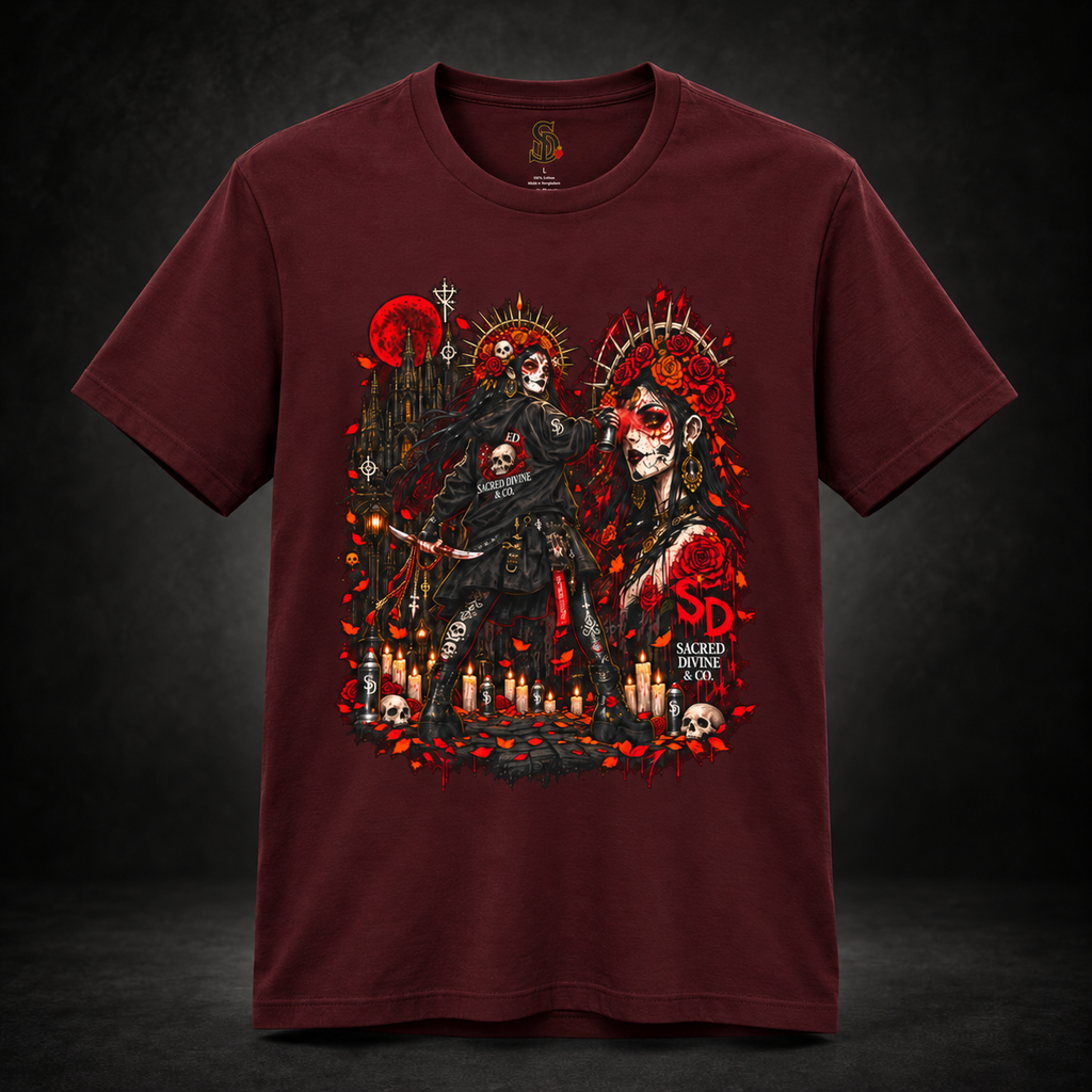 Day of the Dead Gothic Tee styled product image with skeletal figures, candlelight, and red accents