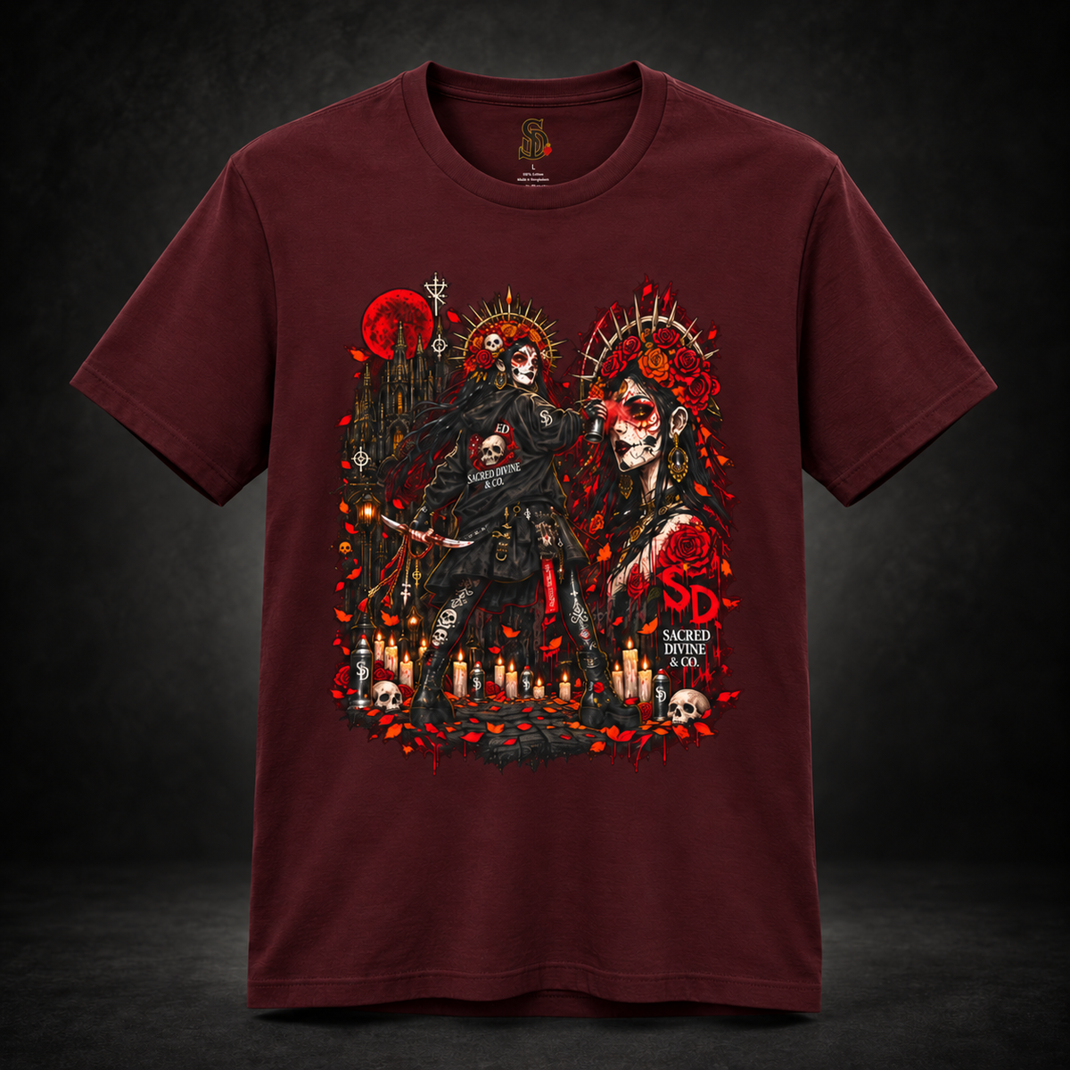 Day of the Dead Gothic Tee styled product image with skeletal figures, candlelight, and red accents