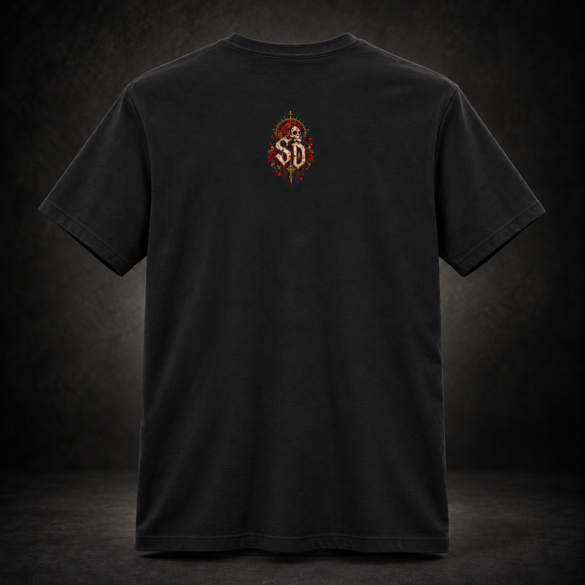 Day of the Dead Gothic Tee styled product image with skeletal figures, candlelight, and red accents