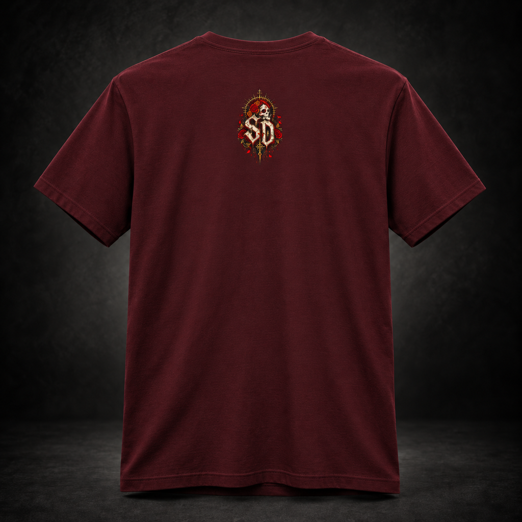 Day of the Dead Gothic Tee styled product image with skeletal figures, candlelight, and red accents