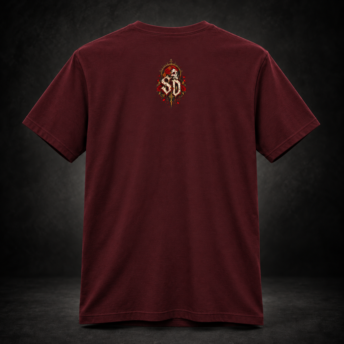 Day of the Dead Gothic Tee styled product image with skeletal figures, candlelight, and red accents
