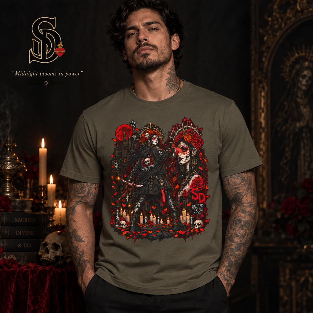 Day of the Dead Gothic Tee styled product image with skeletal figures, candlelight, and red accents