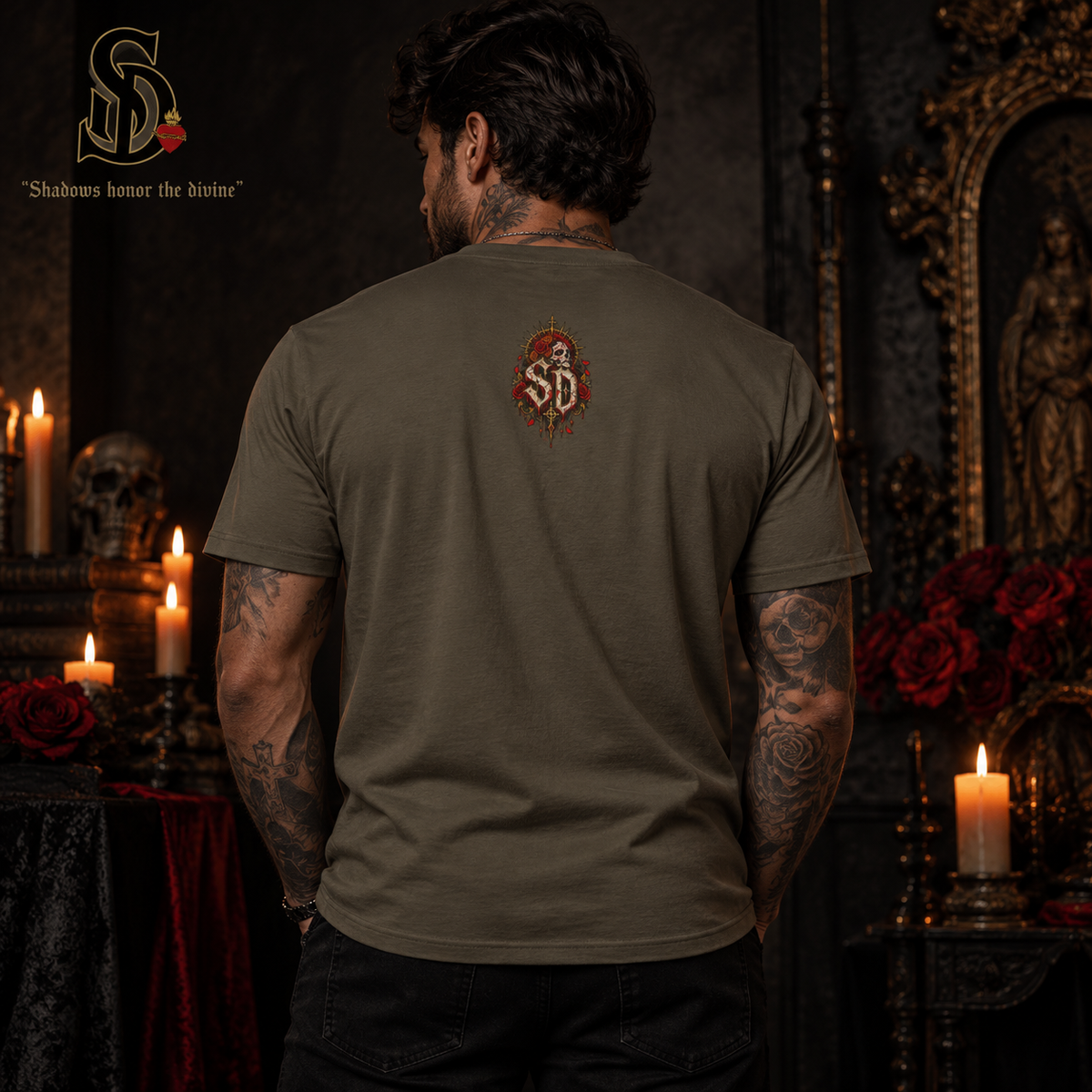Day of the Dead Gothic Tee styled product image with skeletal figures, candlelight, and red accents