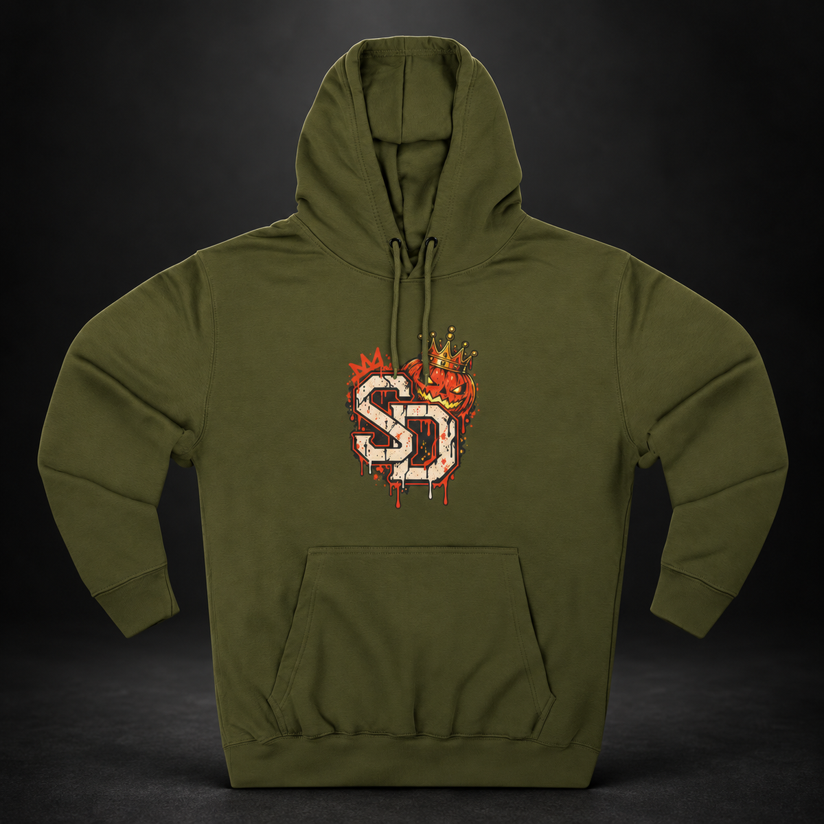 Army Green Pumpkin King Hoodie, front view against a dark backdrop with a cream-and-orange SD crest with crowned jack-o'-lantern details on the chest.